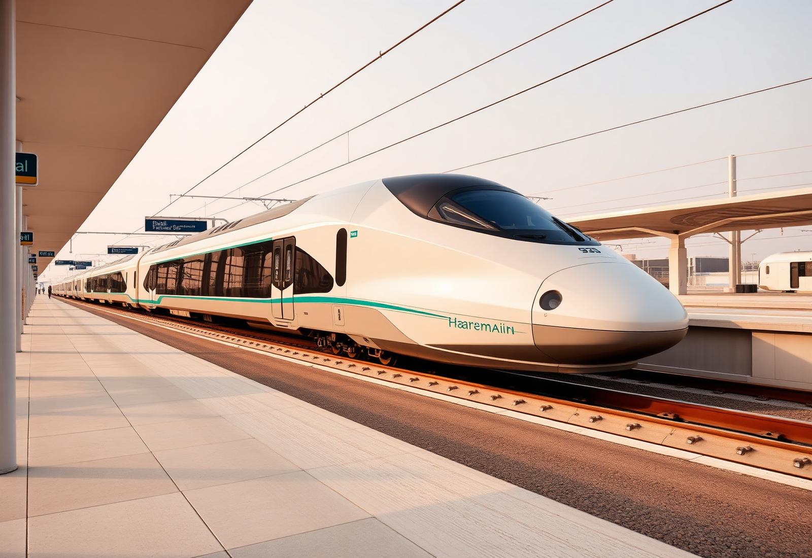 Kereta cepat Haramain menunggu di peron stasiun modern di Arab Saudi